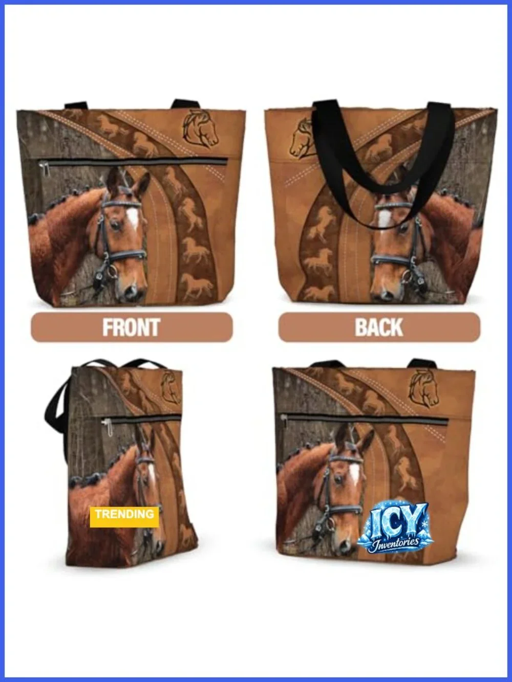 Horse Tote Bag for Women with Zipper Pocket, 15-Inch Laptop Bag